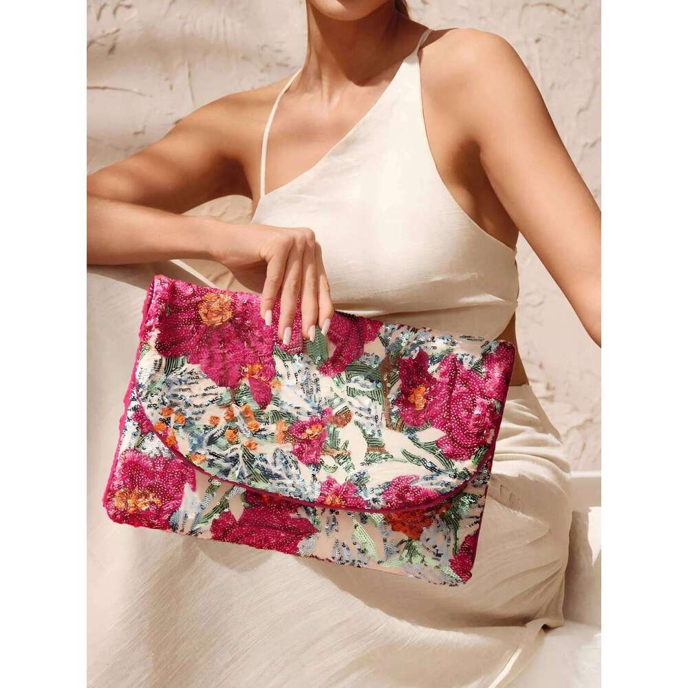 Women's elegant random shiny sequin flower pattern flip large capacity envelope bag, suitable for wedding banquets