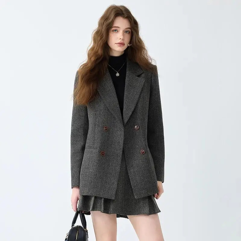 Winter Womens Woolen Jacket and Short Skirt Two Pieces Matching Sets Office Lady Vintage Casual Suits Plus Size Outfit 250811