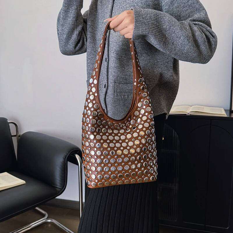 MOODS Punk Biker Style Underarm Shoulder Bucket Bags For Women Rivet Decor Shopper Tote 2025 Designer Purses And Handbags