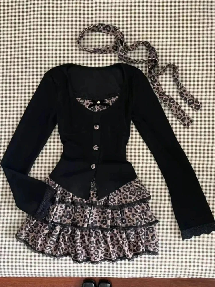 2025 Autumn Two Pieces Skirt Set Women Y2k Crop Tops Tshirt Cake Skirts Japanese Kawaii Fashion Suits Chic Outfits Korean 250804