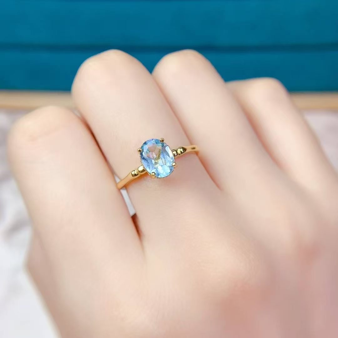 VVS Grade sky Blue Topaz Ring 0.7ct 6mm * 8mm 1ct Natural Topaz Jewelry with 18K gold plating 925 Silver Gemstone Ring
