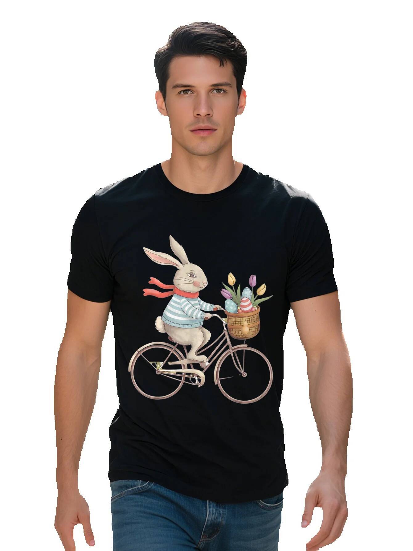 Funny Bunny Riding Bicycle Graphic T-Shirt Cotton Breathable Short Sleeve Tee with Striped Sweater Tulips Design 509a0 d5714