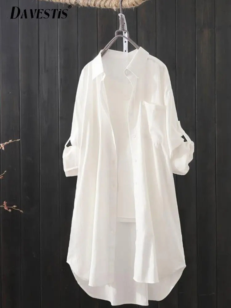 Korean Fashion White Shirt Women Spring Summer Loose Breathable Midi Shirt and Blouse Lady Simple Solid Color Long Shirts 250811