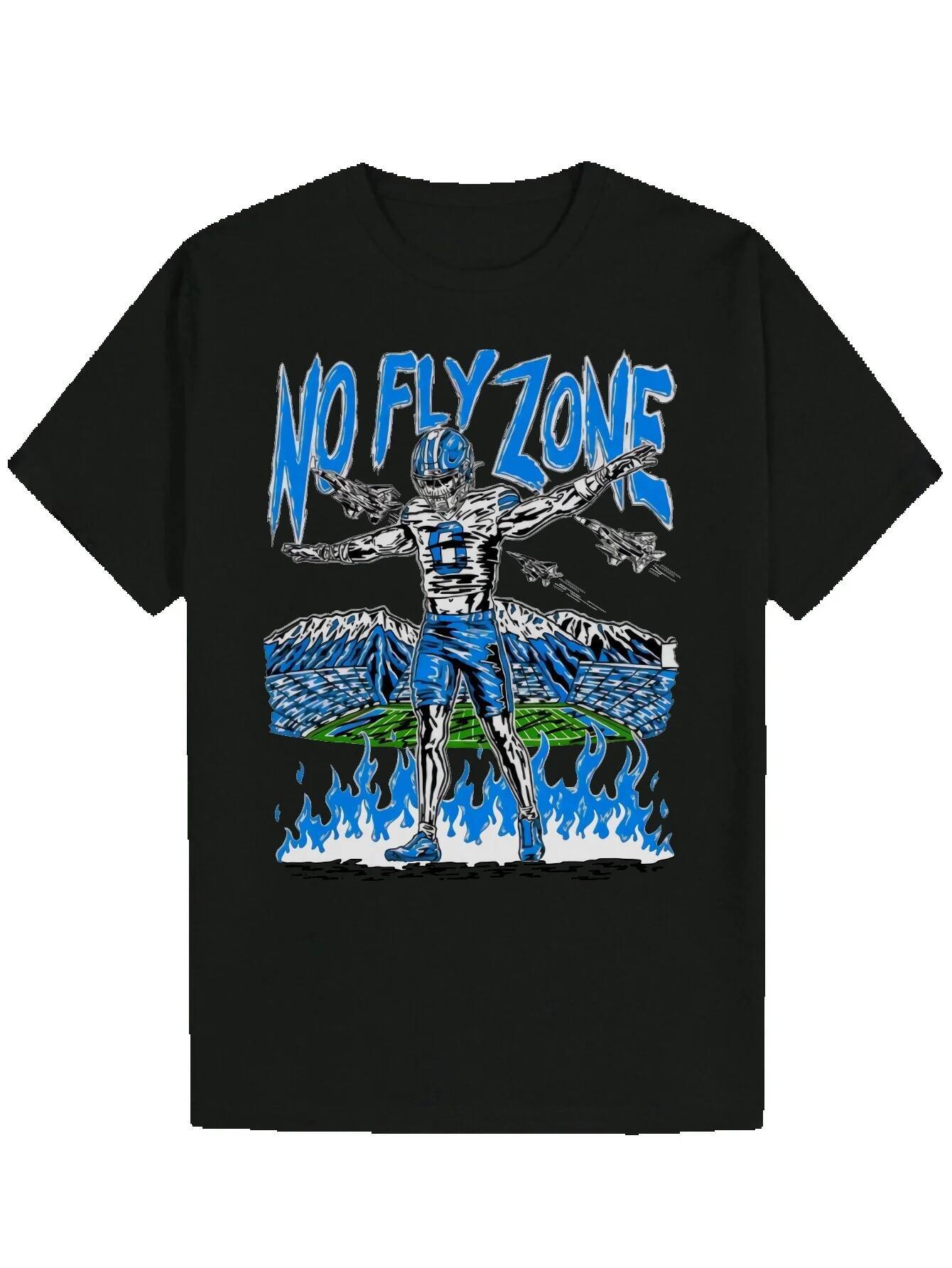 Men's "No Fly Zone" Graphic - Black Crew Neck Polyester T-Shirt, Bold Blue and White Design, Summer Casual Must-Have, T-Shirt f41f6