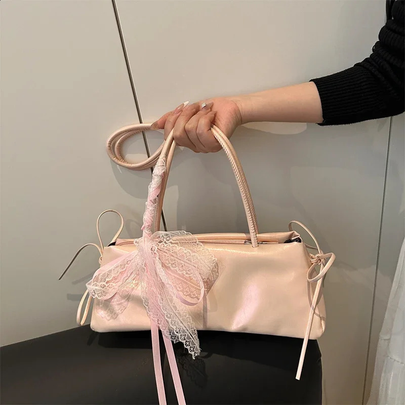 French Bowknot Lace Ribbon Stick Bag Long Square ClutchKorean Ballet Underarm Shoulder BagElegant Effortless Chic PU Handbag 250809