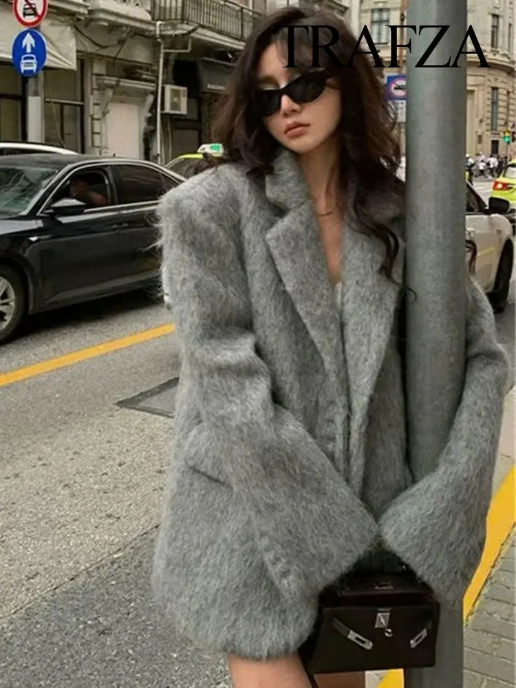 TRAFZA Women Fashion Plush Blazer Elegant Solid Y2k Women Long Sleeve Single Breasted Suit Coat Spring Female Casual Jackets 250811