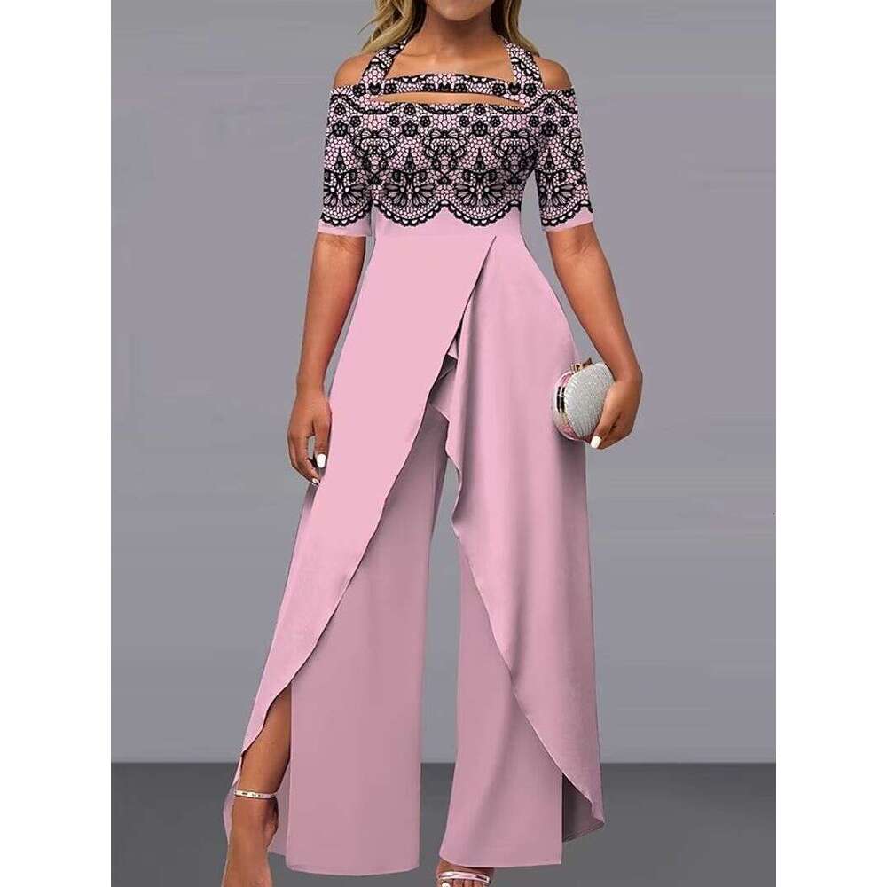 Women's Clothing Fashion Sexy Off-Shoulder Printed Casual Wide-Leg Jumpsuit