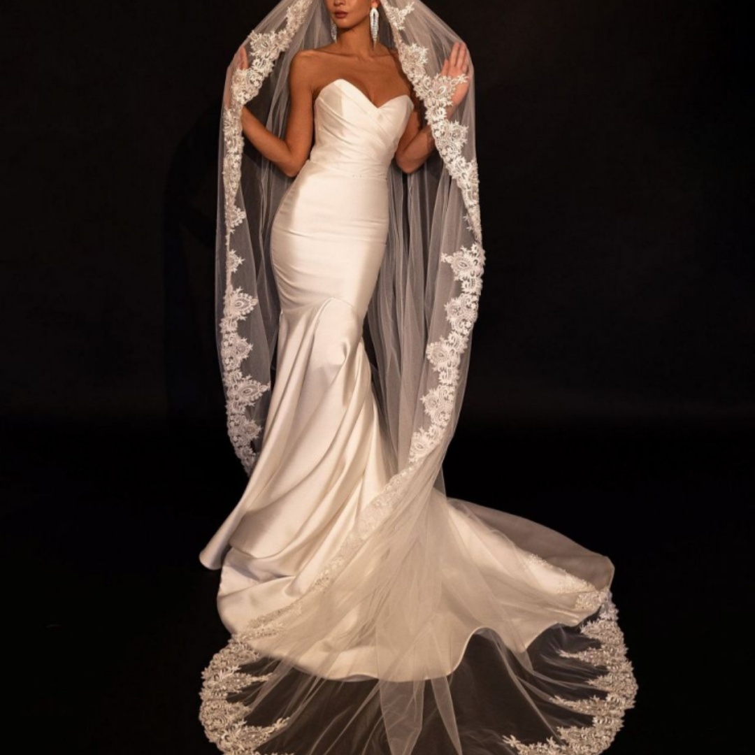Elegant Wedding Veil Sequin Appliques Cathedral Length One Layer Bridal Veils Applique Edge For Bride Velo De Cabeza Customized