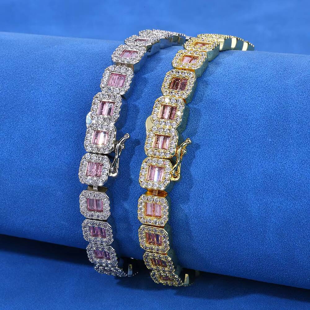 Hot Sale Hip Hop Jewelry 8mm Square Pink Diamond Gold/Platinum Tennis Necklace/Bracelet Set Men's Party