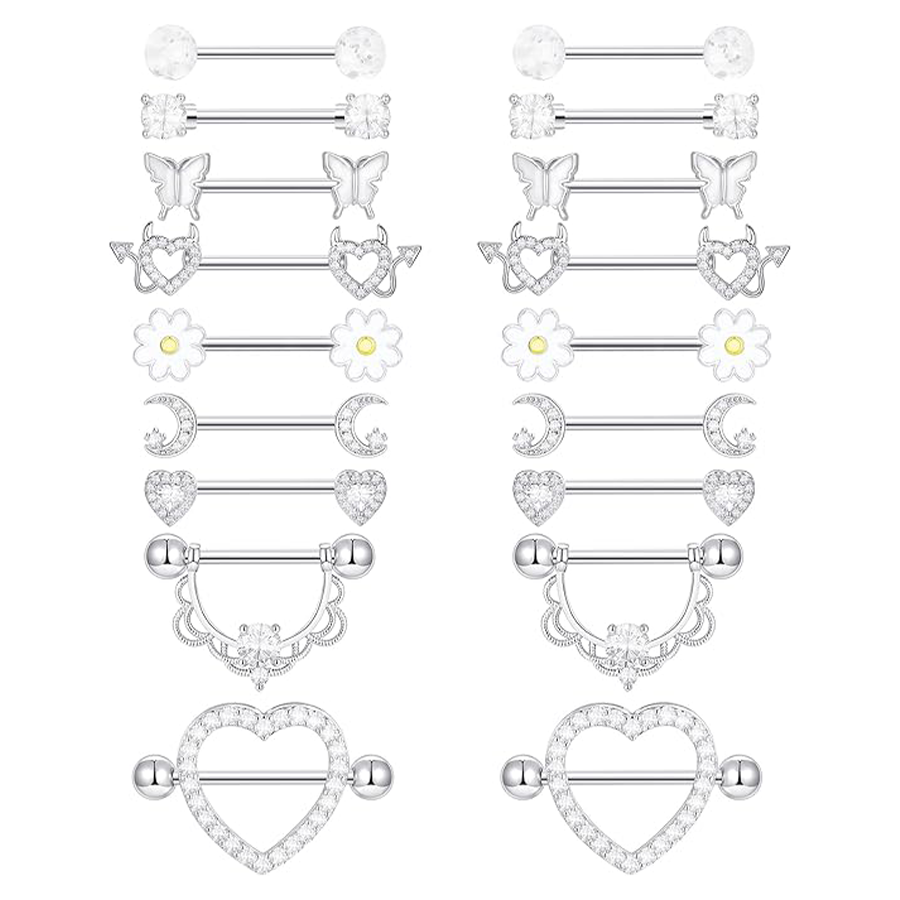 9 Pairs Nipple Rings Stainless Steel Heart Butterfly Moon Flower CZ Barbell Tongue Rings Set Cute Nipplerings Piercing Jewelry for Women White Tone