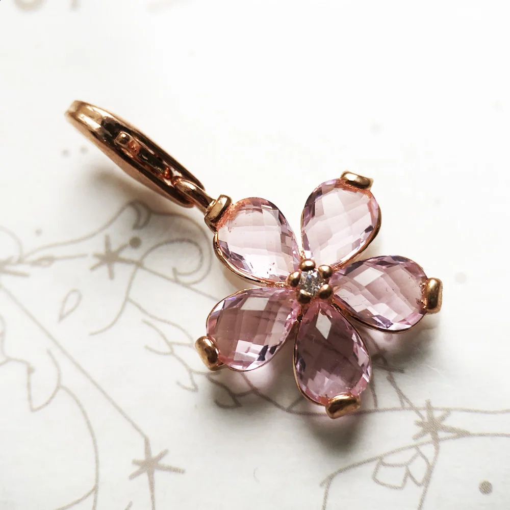 925 Sterling Silver Pink Flower Pendant Charm Trendy Women Girls Fashion Jewelry Romantic Lucky Gift 250807