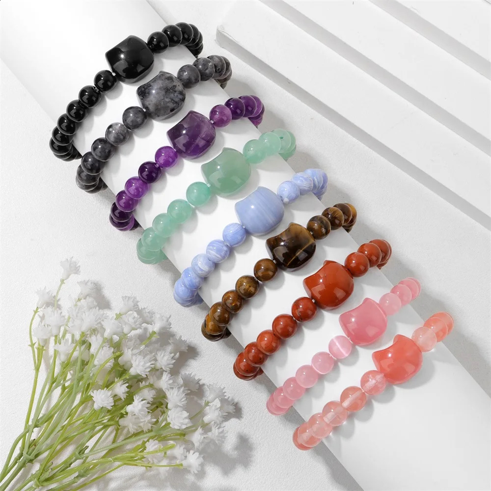 Unique Cute Cat Head Stone Bracelet For Women Natural Beaded Blue Lace Agates Bracelet Men Elastic Jewelry Friendship Party 250805