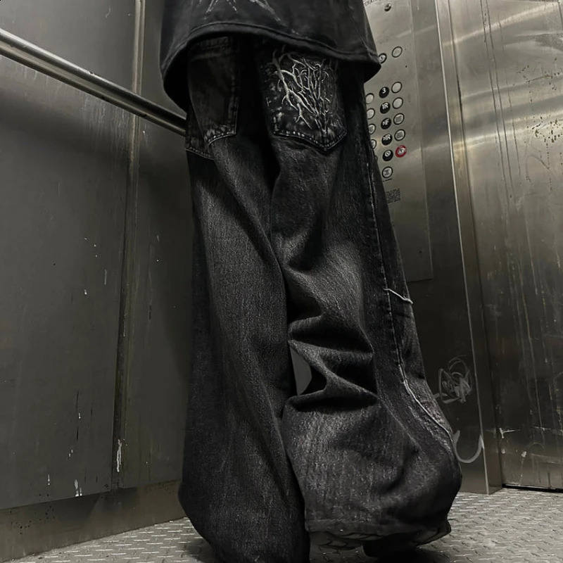 Y2K Phantom Jeans High Street Spider Embroidered Patch Hip Hop Streetwear Gothic Retro Oversized Baggy Fit Unisex Mopping Pants 250805
