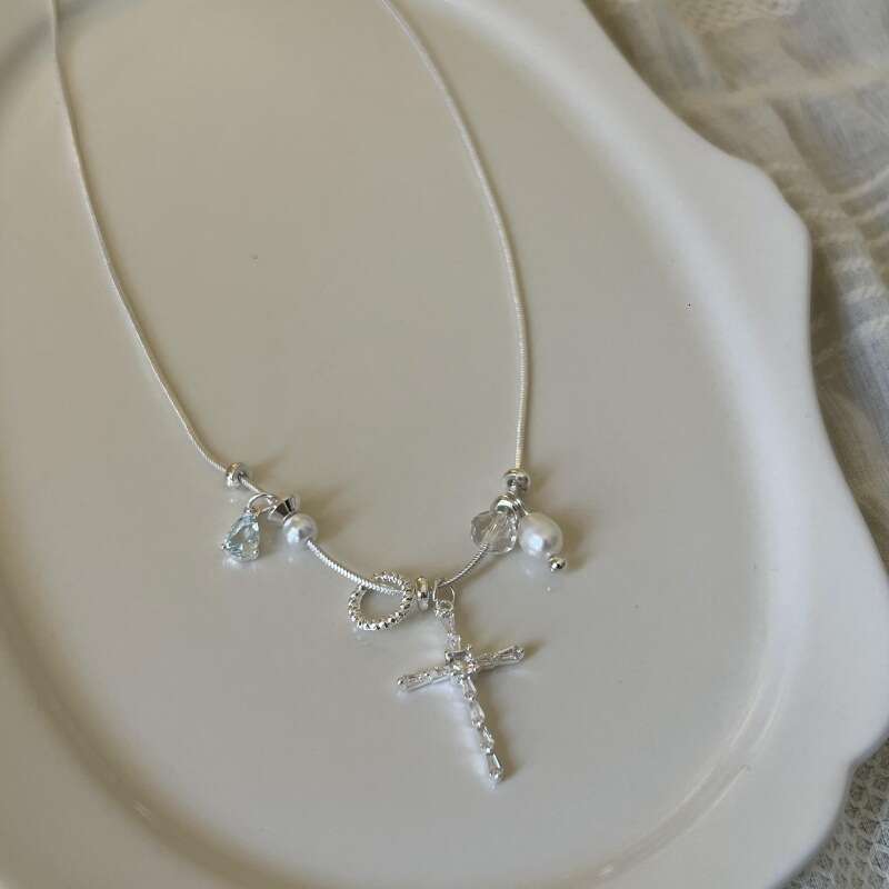 Natural Pearl Blue Water Drop Zircon Collarbone Chain Elegant High-end Fresh Versatile Cross Internet Celebrity Necklace