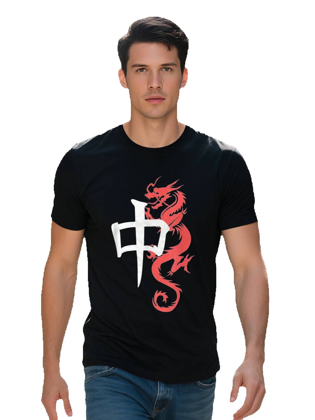 Men s Black T Shirt with Vibrant Red Dragon Design Short Sleeve Crewneck is Lightweight and Breathable for Attire d7254 ee5d7