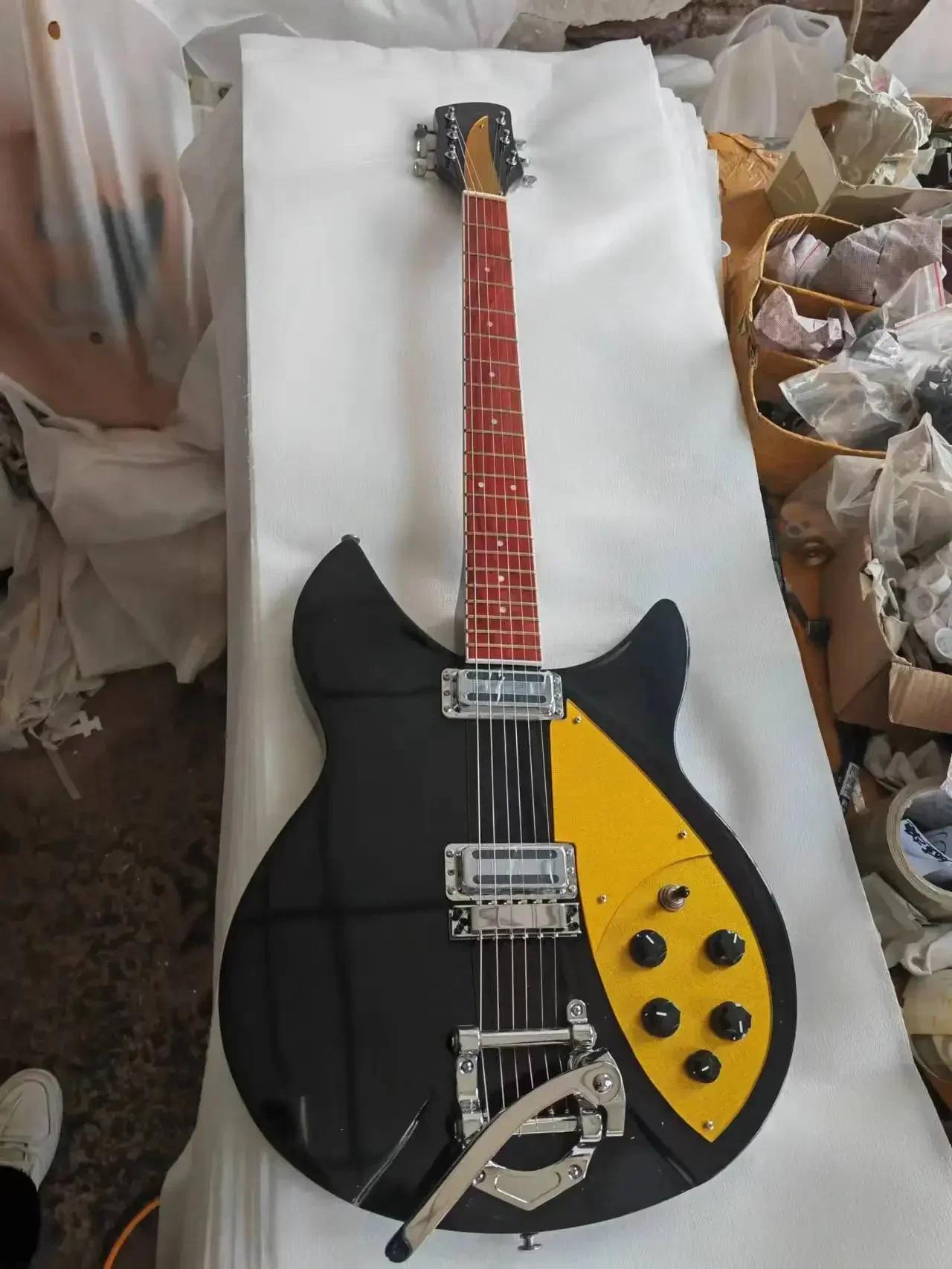 360 330 610 6 Strings Black Semi Hollow Body Electric Guitar Gold Pickguard Gloss Varnish Fingerboard Dot Inlay Bigsb Tremolo Brdige