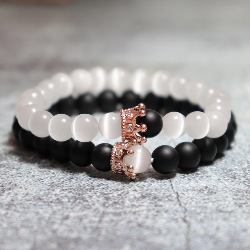 2Pair/Pcs Romantic Couple Bracelet Natural Cat Eye Frosted Stone Beaded Braclet Handmade Elastic Crown Matching Braslet Pulseras 250805