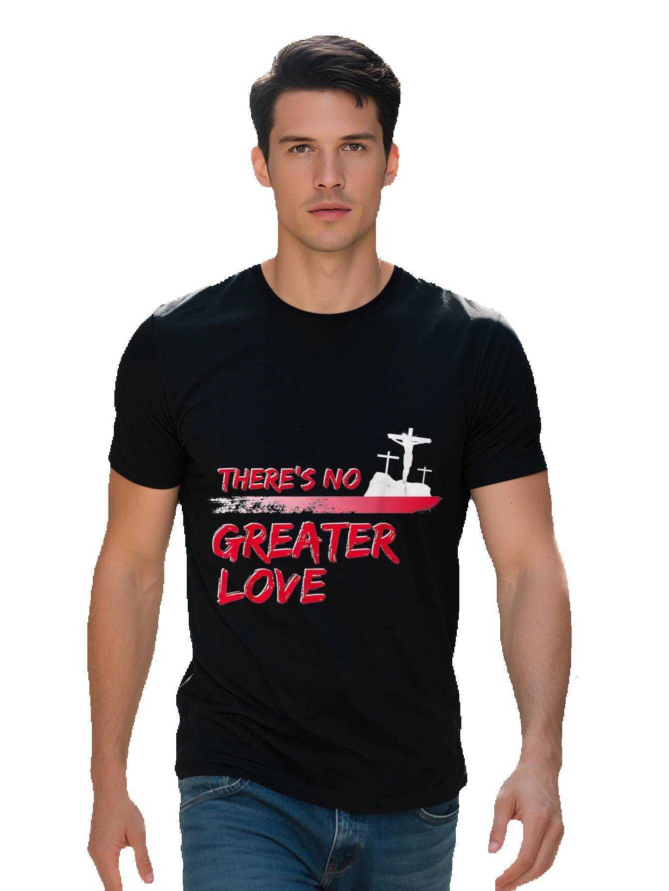 Men's Christian Good Friday T-Shirt Cotton Black Tee with There's No Greater Love Cross Ship Design Short 964a4