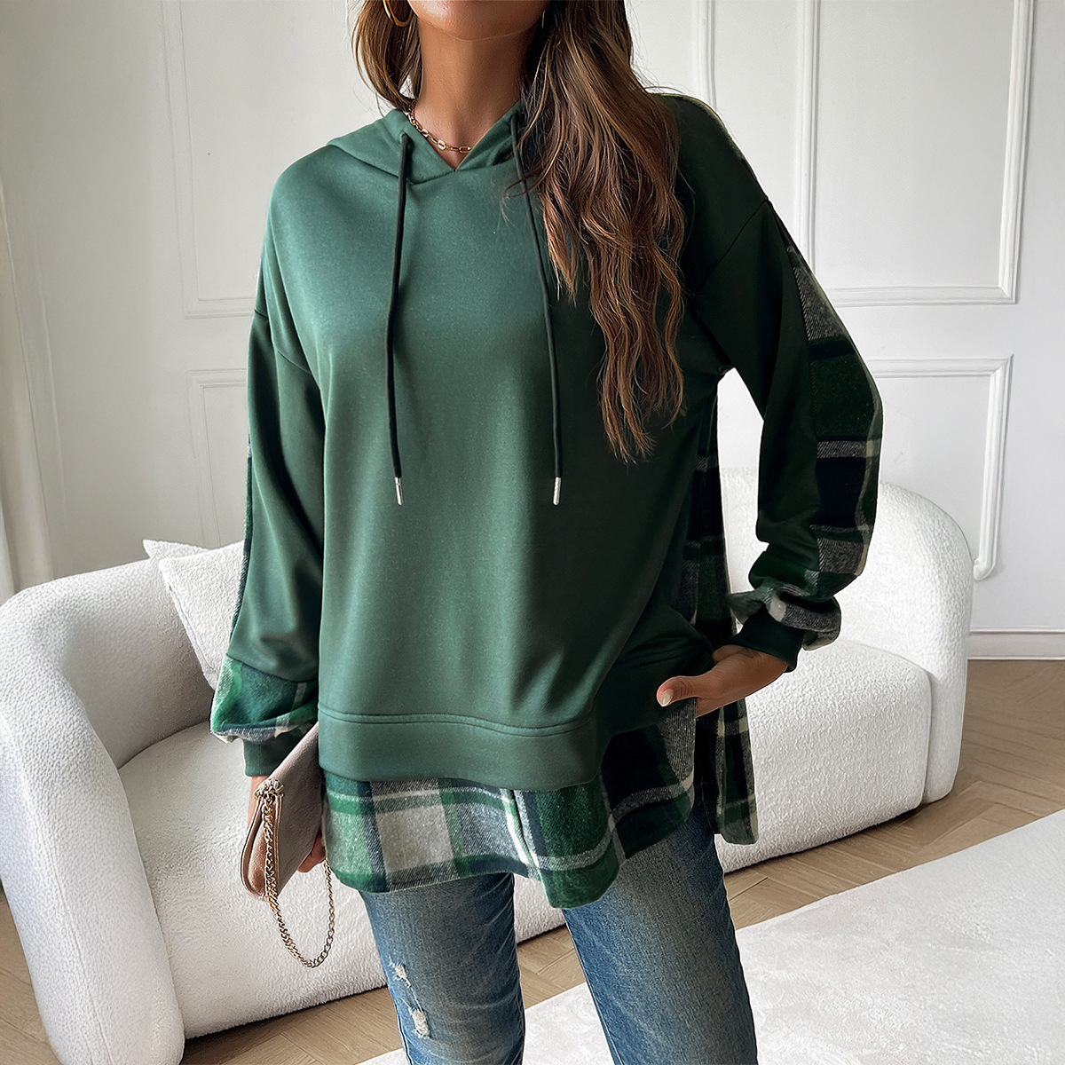 2025 Autumn Winter Color-Block Casual Fake Two-Piece Patchwork Hooded Long Sleeve Sweatshirt for Women