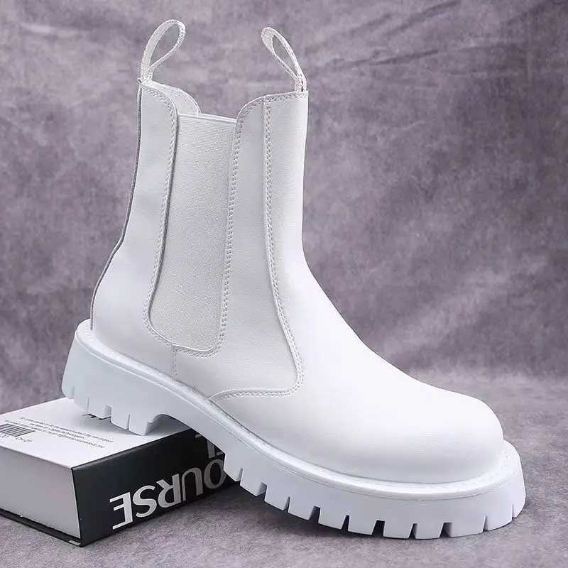 Korean Style Mens Chelsea Boots Black White Casual Shoes Stage Nightclub High Motorcycle Boot Original Leather Platform Botas W250811