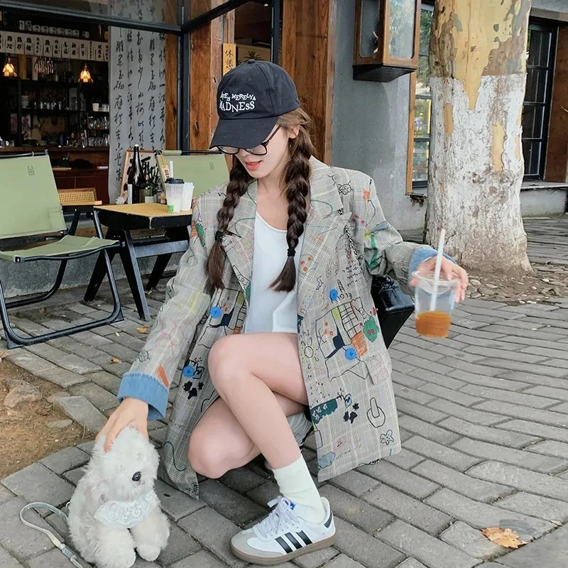 Womens Blazer Jacket Spring Autumn Fashion Graffiti Printed Ladies Lattice Suit Coat Casual Korean Version Lady Outerwear 250811