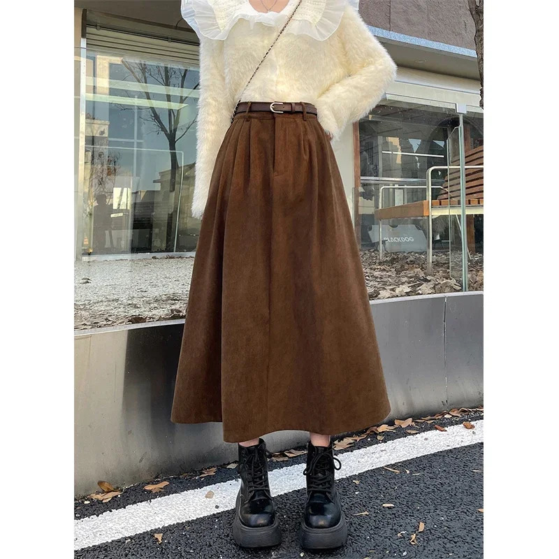 Vintage Belt Corduroy Midi Skirt Women High Waist Pleated A Line Skirts Autumn Winter Streetwear Korean Casual All Match Skirt 250811
