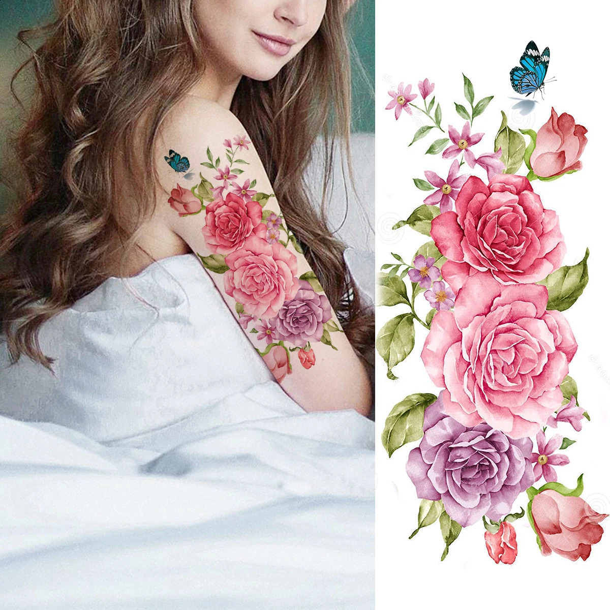 Watercolor Peony Flower Temporary Tattoos For Women Adult Girl Rose Butterfly Tattoo Stylish Waterproof Arm Tatoos Sticker 250809