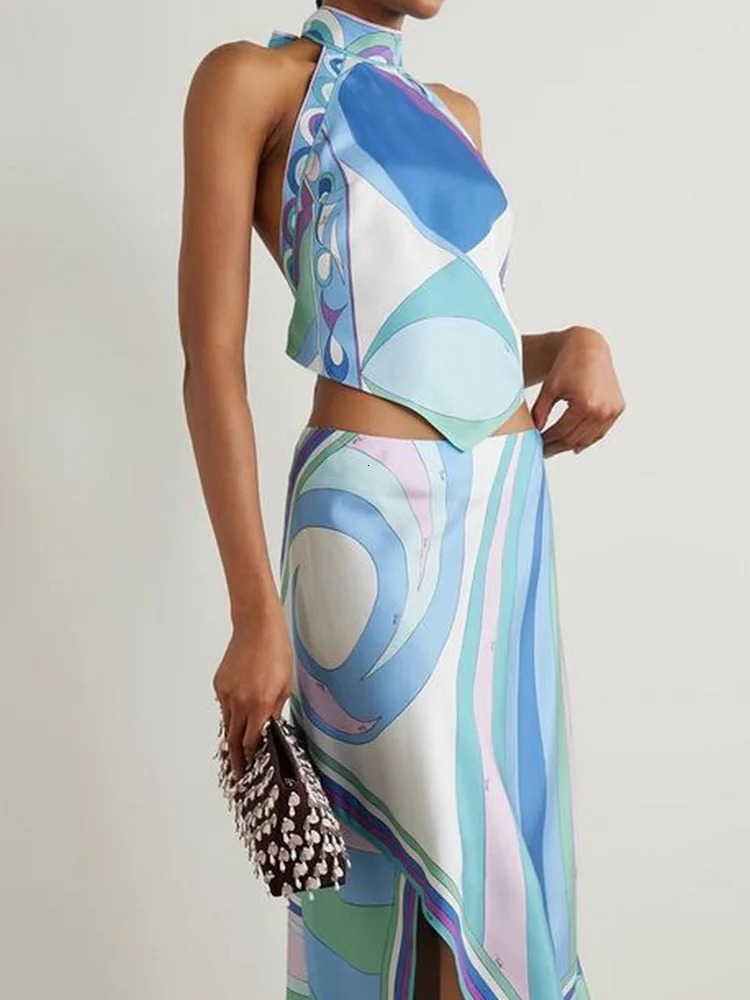 Spring Summer Satin Fashionable Set Women Sexy Halter Backless Hollow Top Irregular Skirt Outfit Chic Two Piece Party Suit 250811