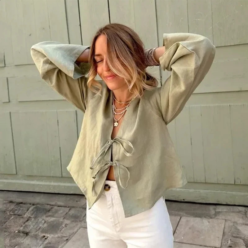 C. S Spring Female Street Tops Green Linen Lace Up Long Sleeve For Women Fashion Chic Casual Loose V Neck Shirt 250809