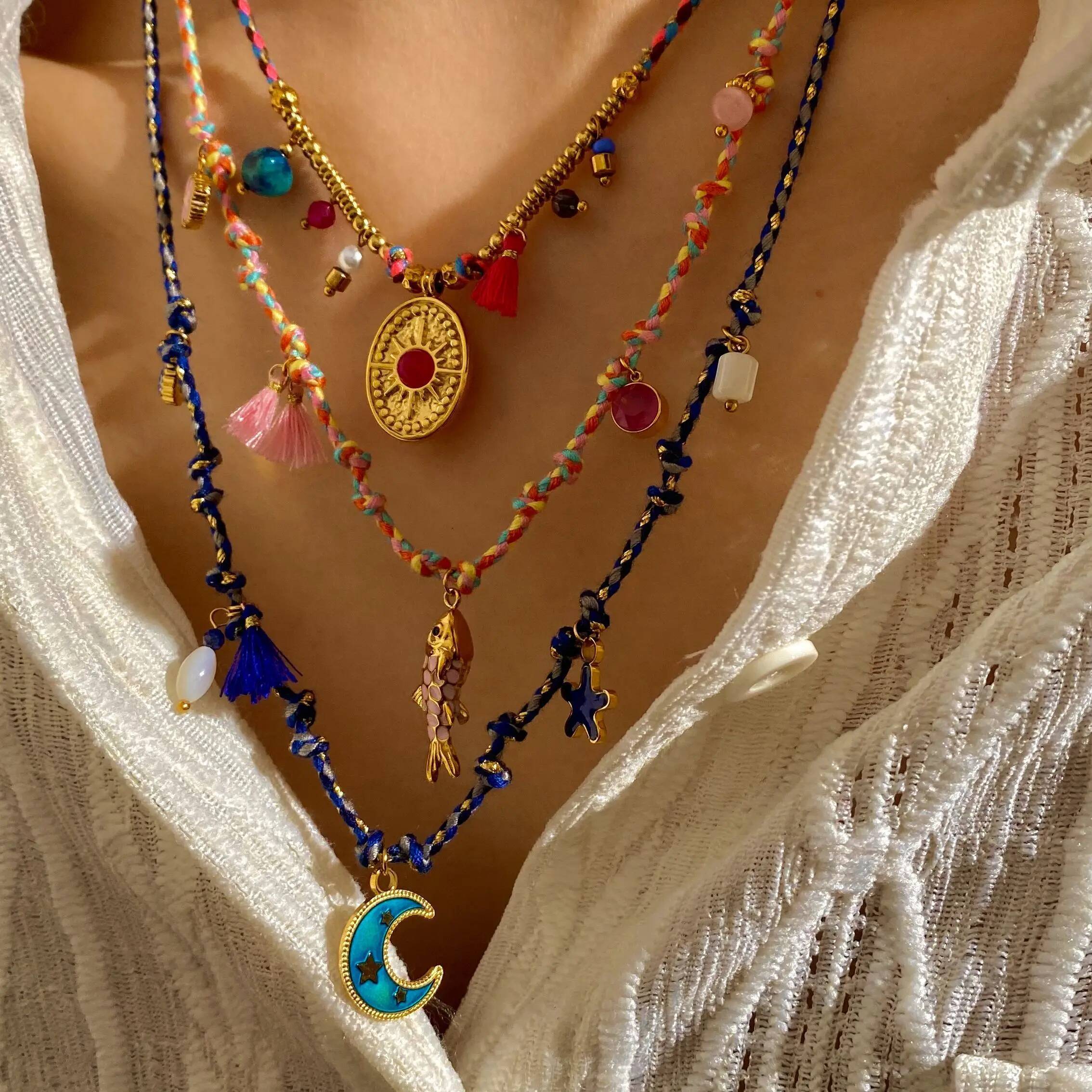 CARLIDANA Elegant Stainless Steel Hand-woven Rope Chain Flower Starfish Heart Sea Pendant DIY Charm Bracelet Necklace for Women