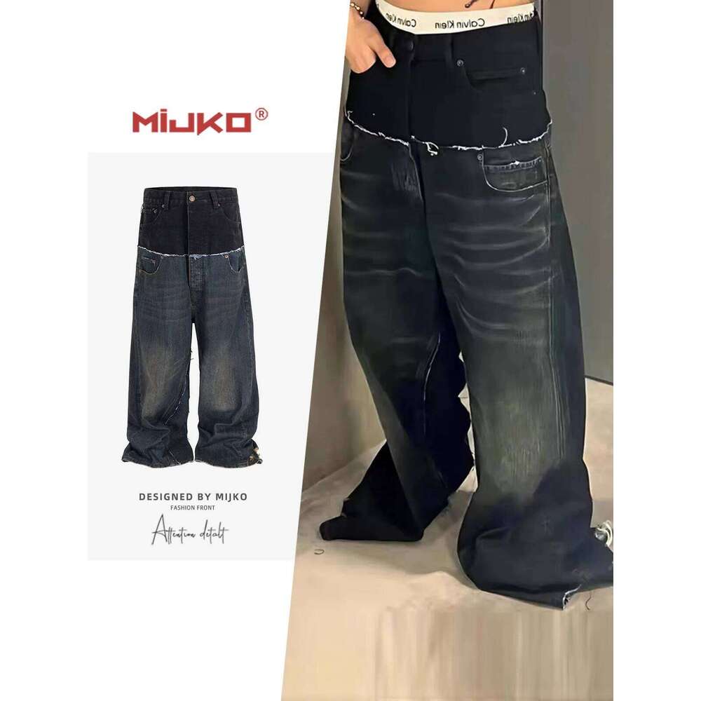 MIJKO Men's Women's Cotton Casual Black Blue Loose Straight Jean CUT-UP Pants