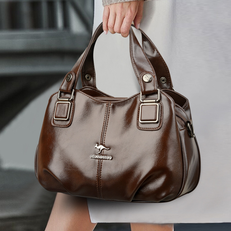 Oil Wax Leather Handbag for Middle-aged Women, Trendy Commuter with Multiple Compartments, Large Capacity Single Shoulder Crossbody Bag ddmymoon