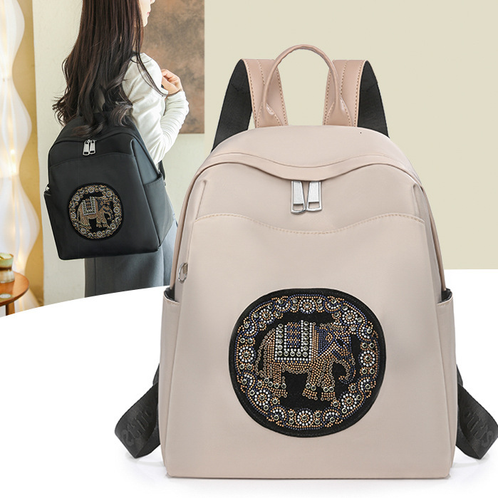 Rhinestone Lucky Elephant for Women 2025 New Simple Lightweight Oxford Cloth Backpack Student School Bag Trendy ddmymoon