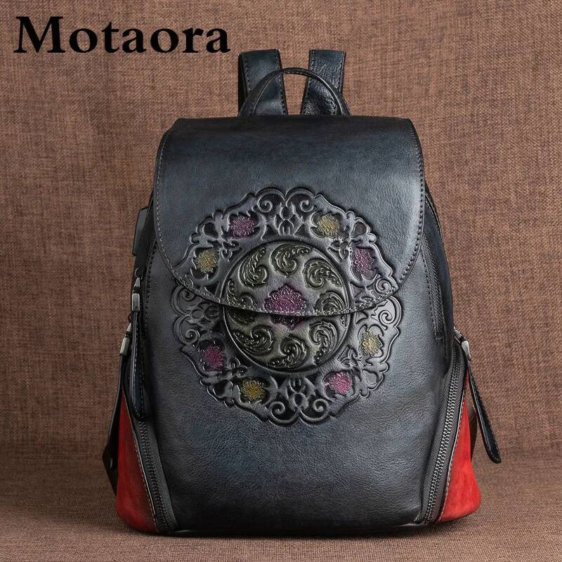 MOTAORA Fashion Retro Genuine Leather Backpacks For Women New Handmade Emed Vintage Bag China Style Backpack Ladies high-quality