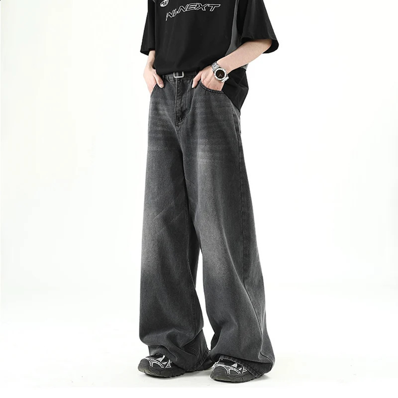 Men Denim Pants Old Blue Washed Male Jeans Straight Casual Menwear Loose Wide Leg Trousers Fashion Korean High Street Denim 250805