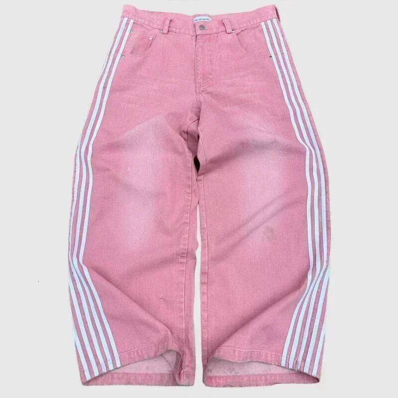 Men's vintage striped embroidered high waisted men's women's casual pants Haruku street loose wide leg jeans