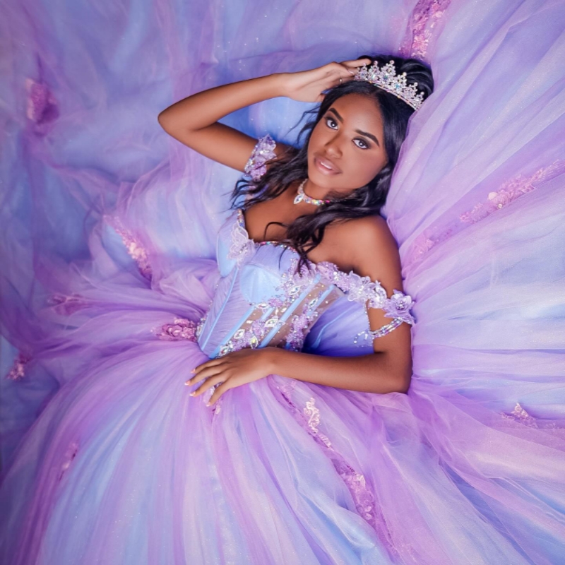 Lilac Quinceanera Dresses Off The Shoulder Applique Flower Beads Tull Sky Blue Lining Party Birthday Ball Gown Vestidos De 15 Anos Sweet 16 Dress