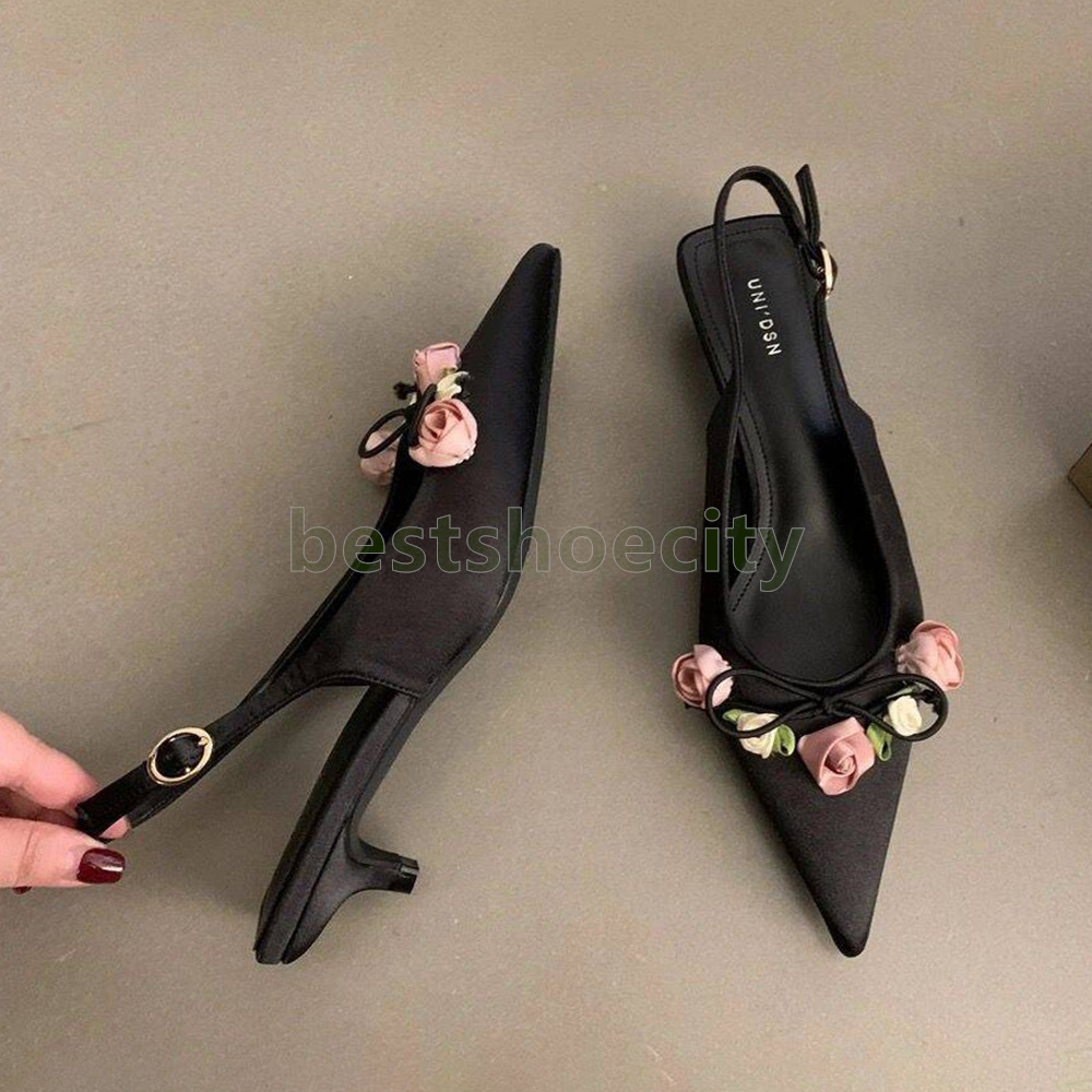 designer kitten heels dress shoes loafers womens summer mary jane shoes fashion pointed-toe slingbacks elegant satin luxury sandals