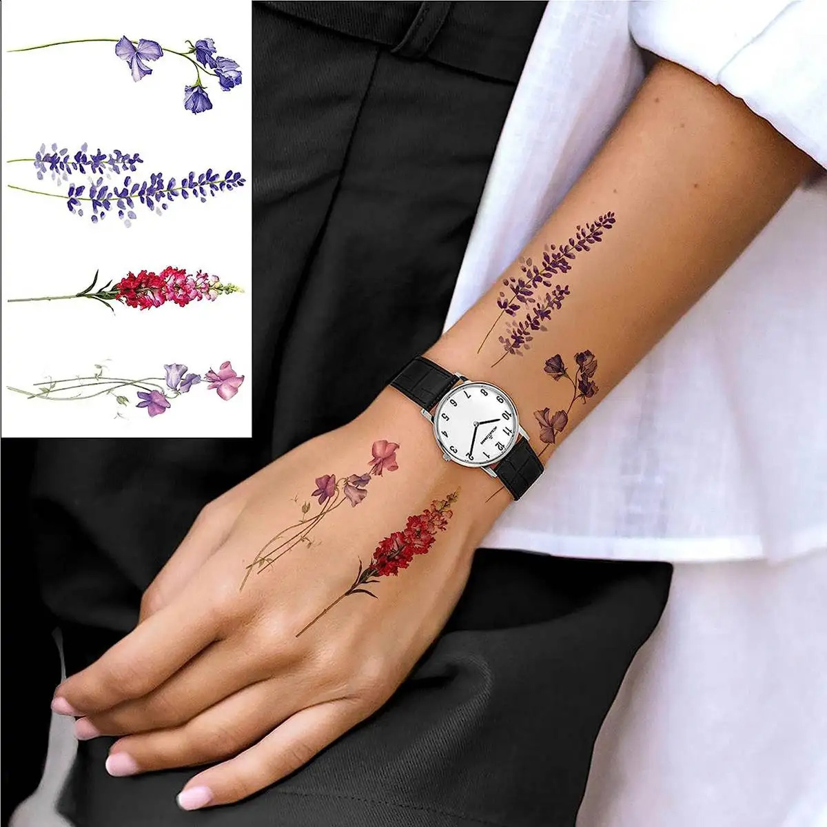 COKTAK 12Pieces Watercolor Lavender Flower Temporary Tattoos For Women Body Art Arm Flora Adults Tattoo Sticker Girls Tatoo 250809