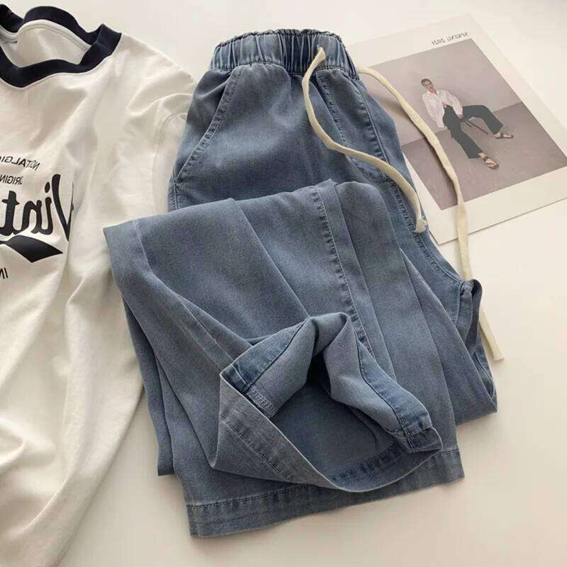 Women's 2025 New Fashion Side Pocket Decoration Loose Jogging Wide Leg Jeans Retro Elastic Waist Drawstring denim pants