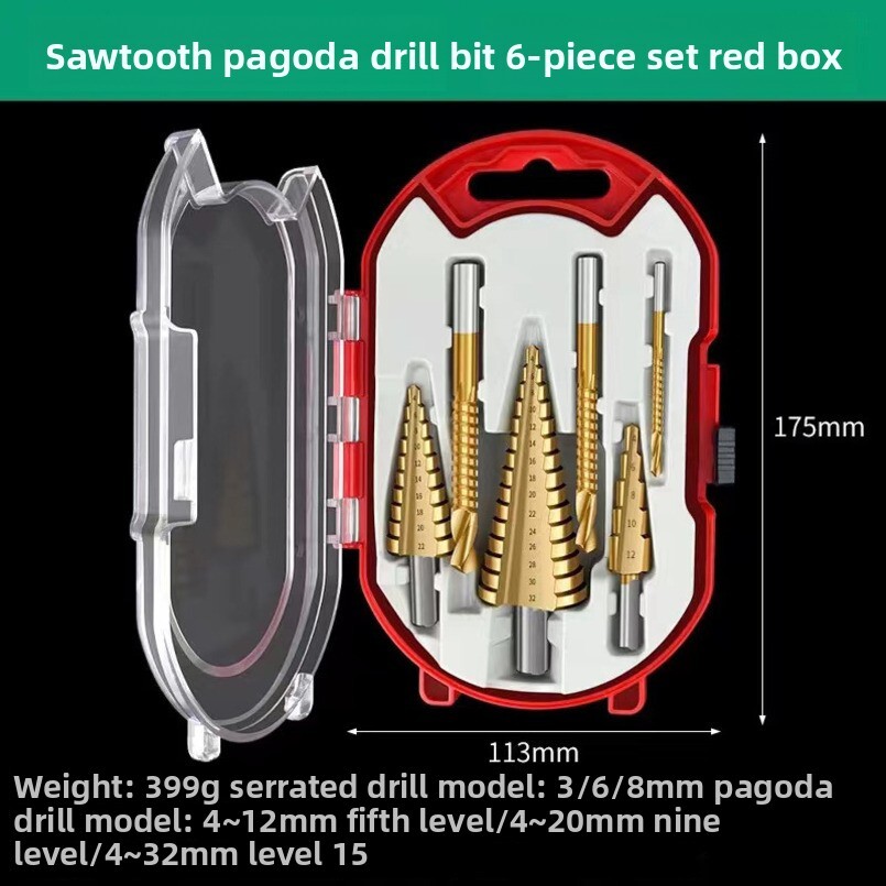 6-Piece Expanding Tower Set, Step Bits, 3 Sawtooth Drill Bits