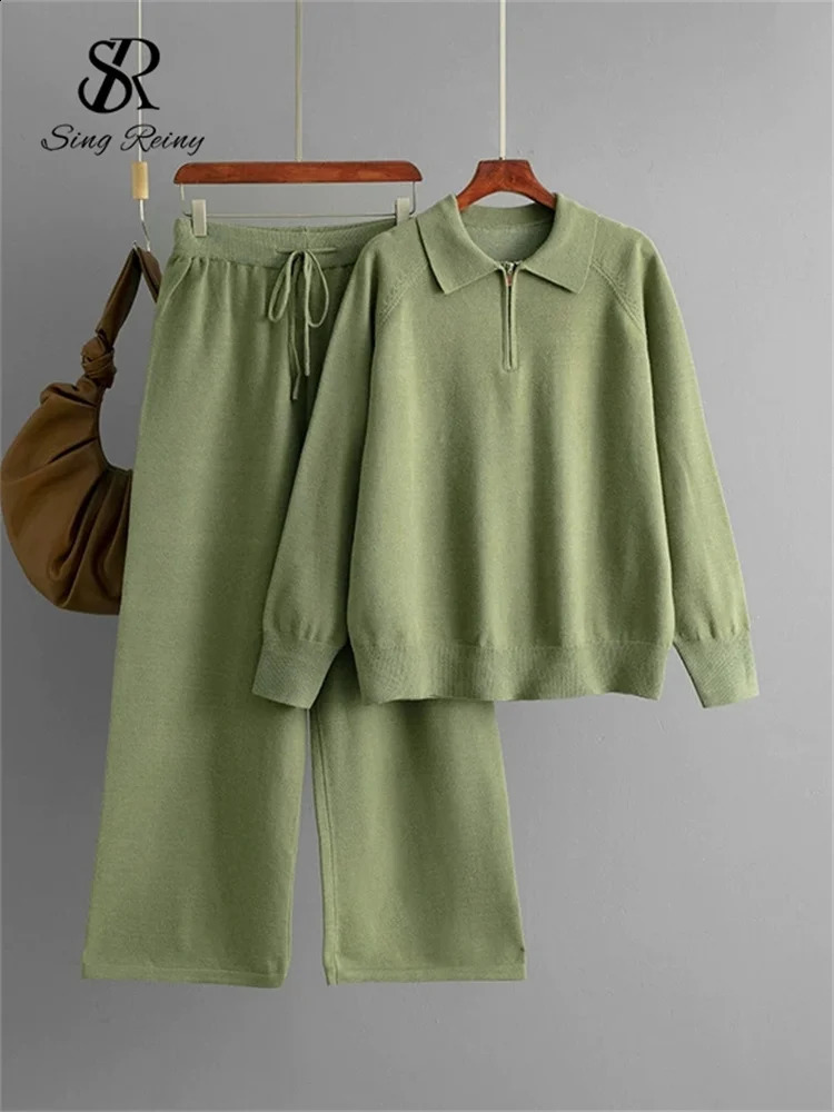 SINGREINY Winter Casual Sweater Suits Polo Collar Zipper TopsDrawstring Wide Leg Long Pant Female Solid Knitting Warm Sets 250806