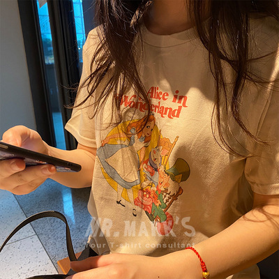 Vintage INS Cartoon Print White Short Sleeve T Shirt For Women Summer New Plus Size Base Shirt Top