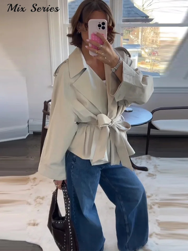 Fashion Solid Lace Up Jacket Womens Loose Turndown Collar Full Sleeve Allmatch Coats Autumn Lady Casual Outerwears 250809