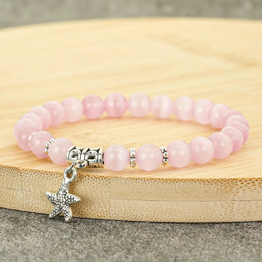 Trendy Starfish Pendant Opal Bracelet Women 8mm Natural Shiny Cat Eyes Stone Elastic Braslet Beach Leisure Girlfriend Gift Joias 250805