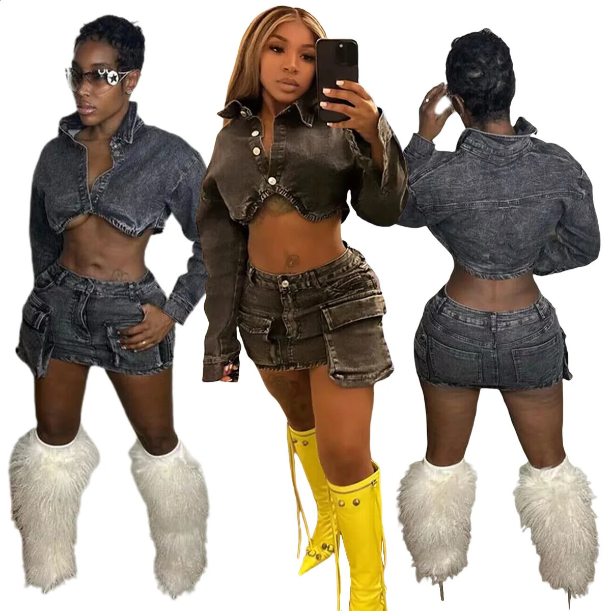 Denim 2 Piece Sets Women Short Skirt Long Sleeve Jacekt Outfits Top High Waist Sexy Party Night Suits Ensemble Streetwear 250806