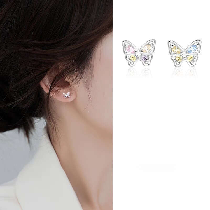 Pure Sier Sweet Pink Blue Hollow Butterfly for Women Exquisite Small Colorful Zircon Earrings Niche Ear Jewelry Trend