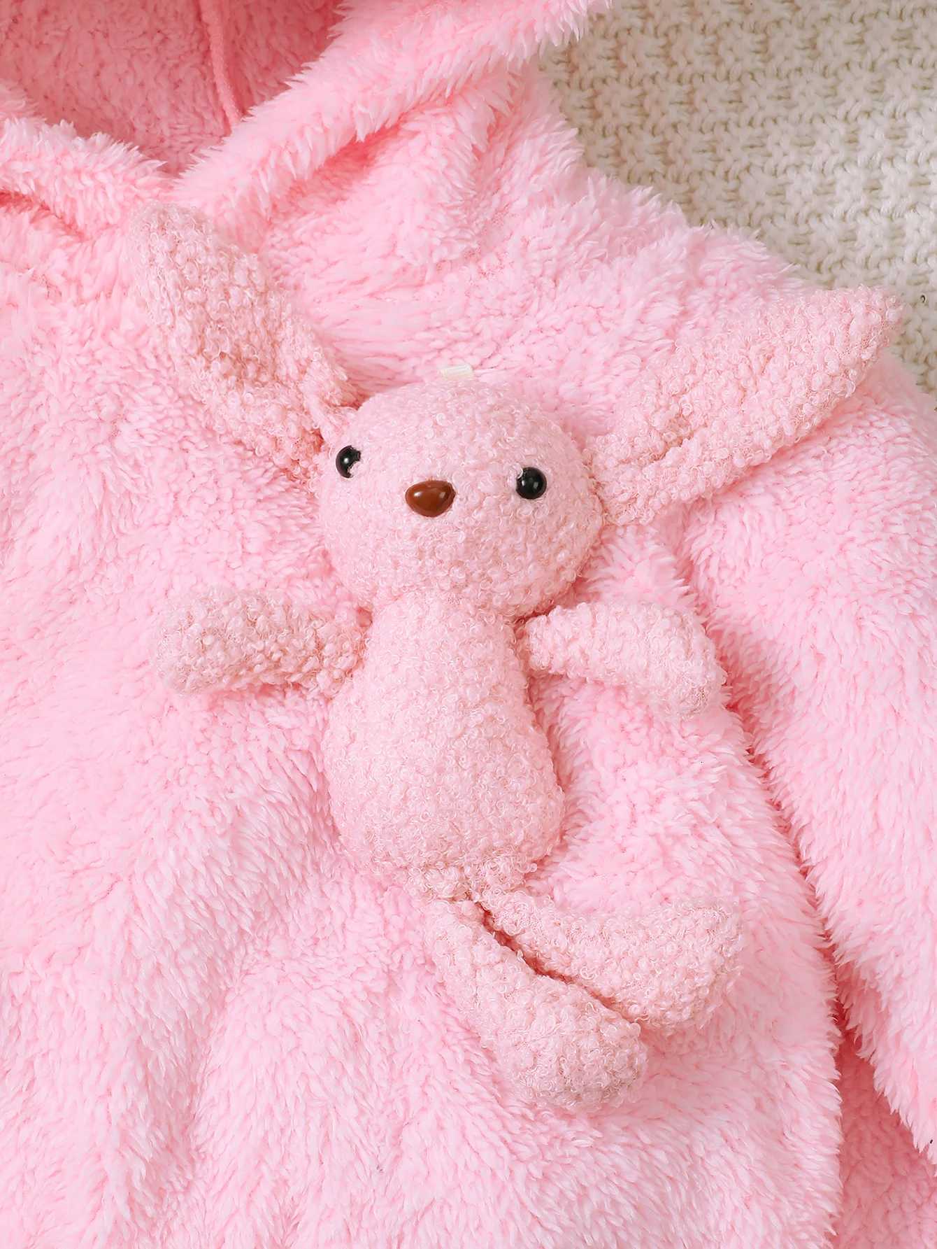 Autumn And Winter Pink Fluffy Set Baby Girls Cute Bunny Figure Hooded Long Sleeve Hoodie Elastic Waist Solid Color Pants Z250811