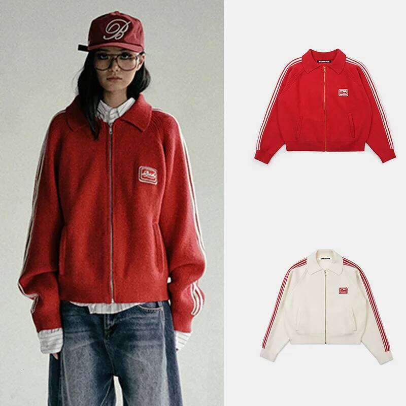 Designer Clothing 2025 Blood Red Knitted Jacket Women's American Retro Embroidered Zipper Cardigan Top