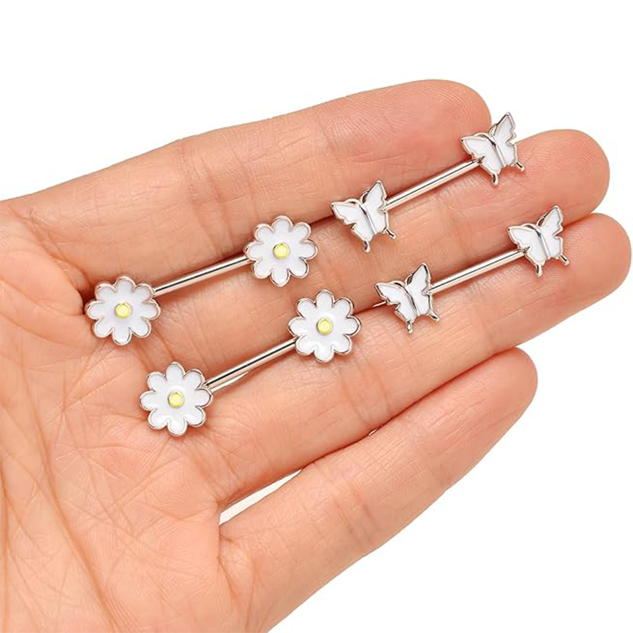 9 Pairs Nipple Rings Stainless Steel Heart Butterfly Moon Flower CZ Barbell Tongue Rings Set Cute Nipplerings Piercing Jewelry for Women White Tone